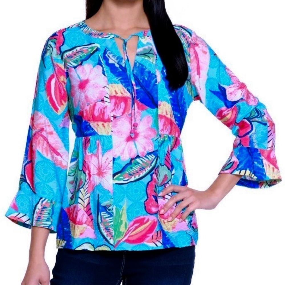 ALI MILES Flounce Sleeve Ruffle Tropical Print Top